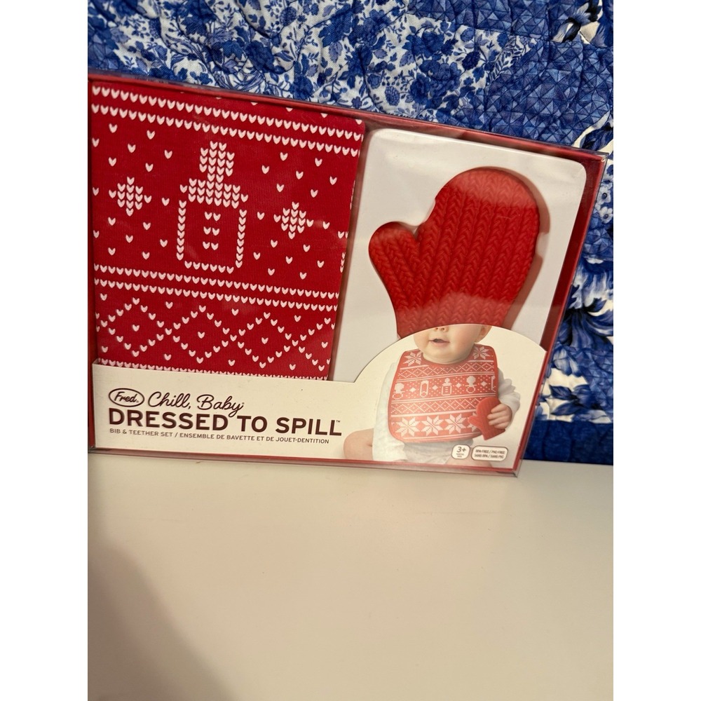 Fred Chill Baby Dressed to Spill Silicone Bib & Teether Set Red White Holiday